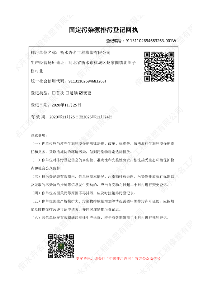 Fixed pollution source pollution discharge registration certificate